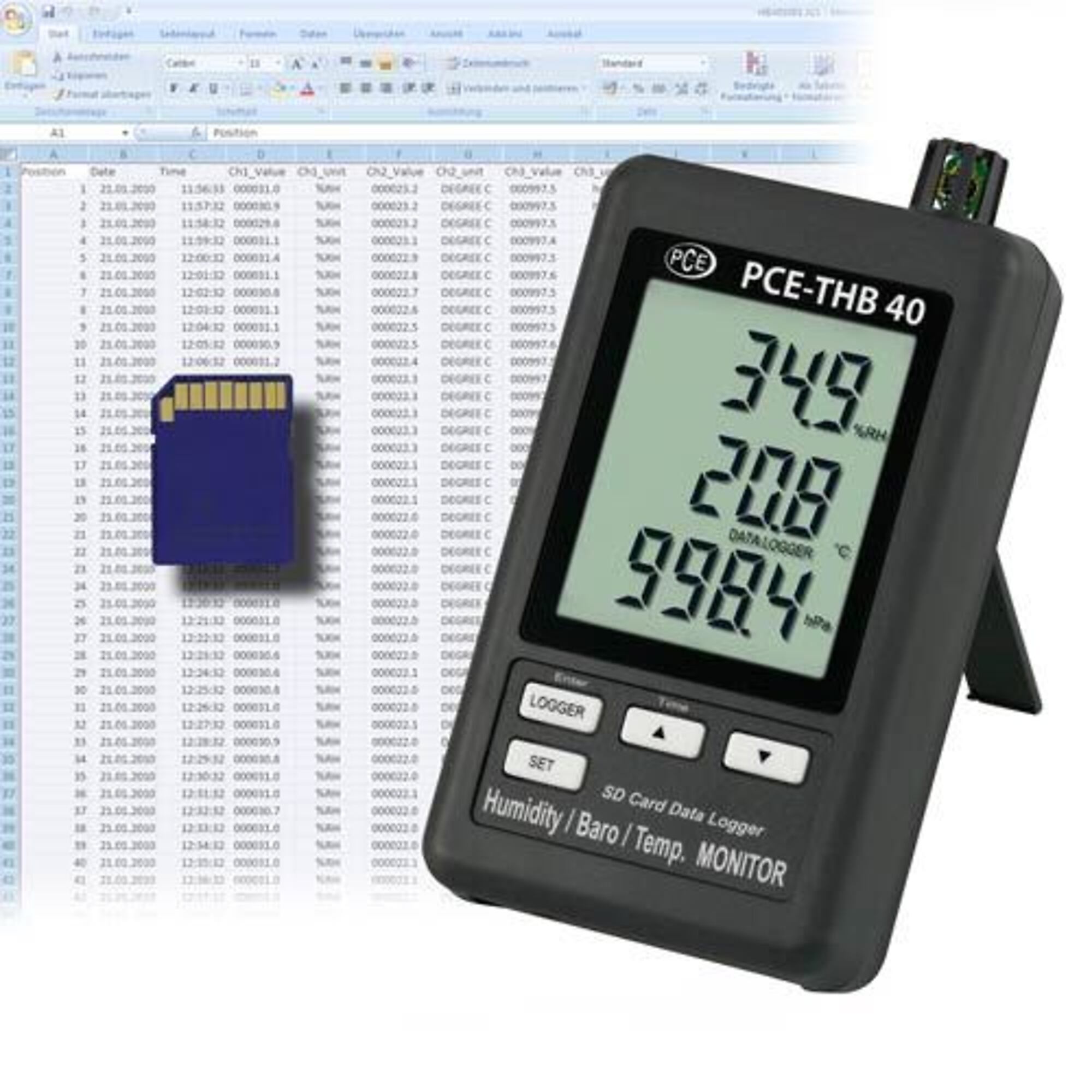 PCE Thermo-Hygro-Barometer — Records Temperature, Humidity, Barometric Pressure, SD Card Storage, Model# PCE-THB 40